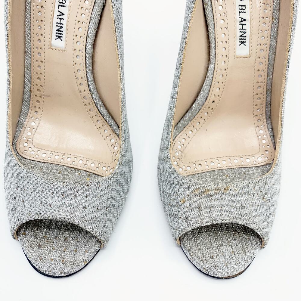 Manolo Blahnik Sparkly Silver Open Toe Heels - image 3